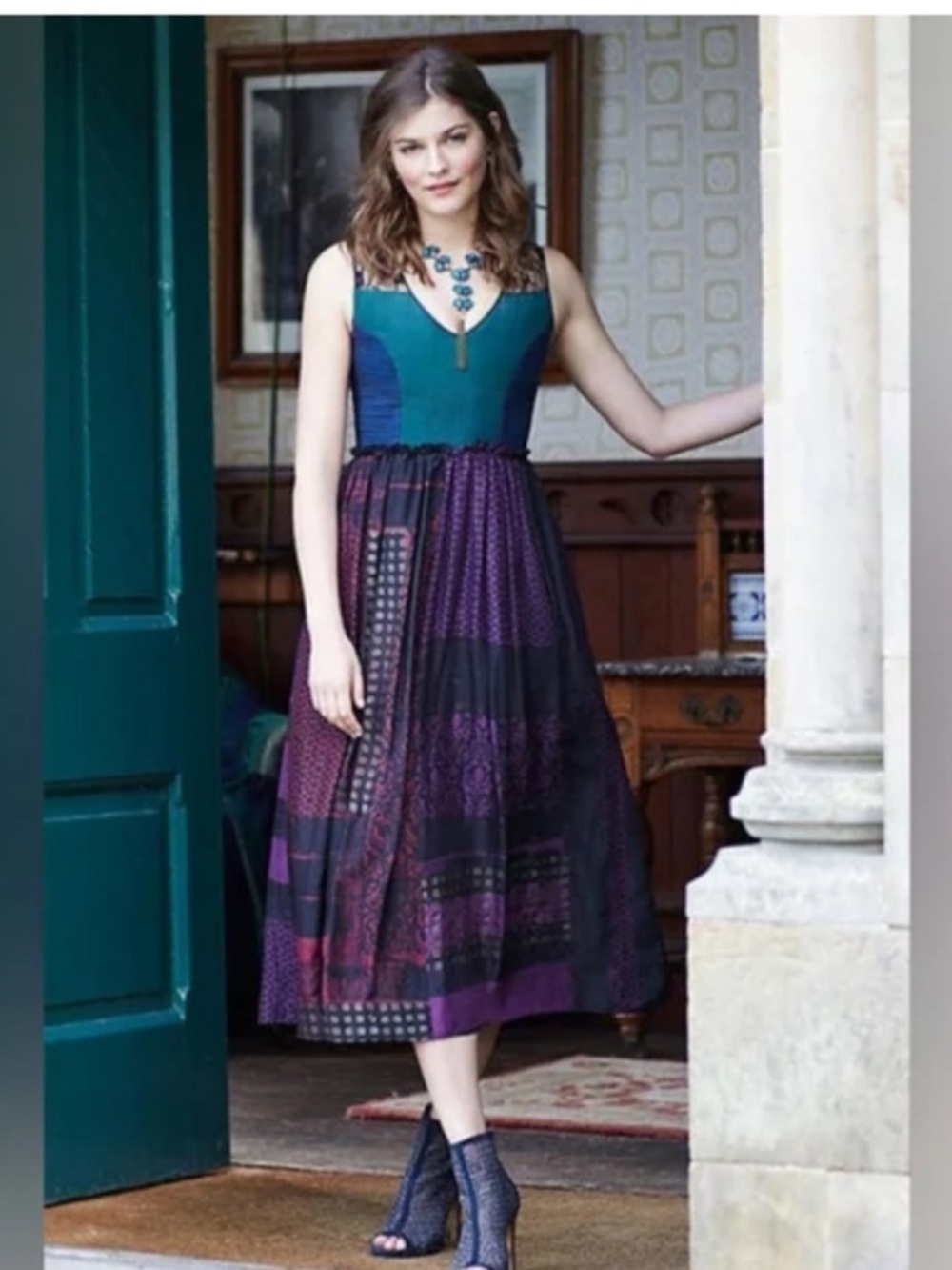 Anthropologie "Montage Midi Dress" by Niki Mahajan Silk, Lace, Romantic Sz 10P
